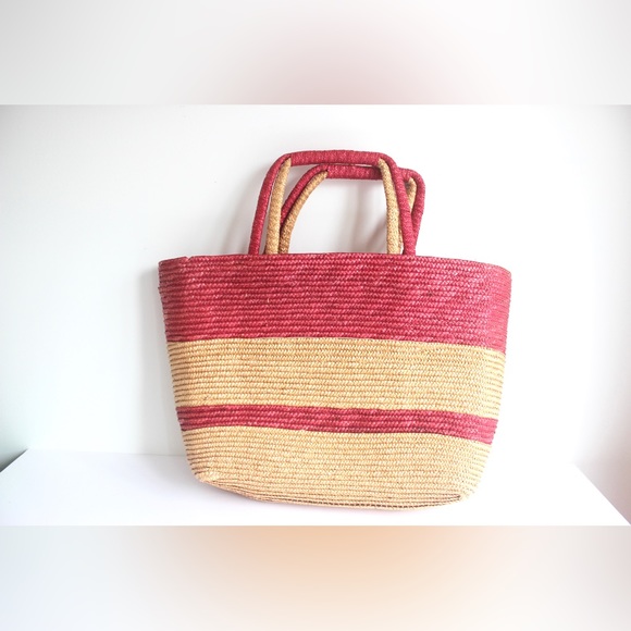 Vintage Straw Market Bag or Tote with Handles, Woven Sisal Bucket Purse, Retro - Picture 6 of 9